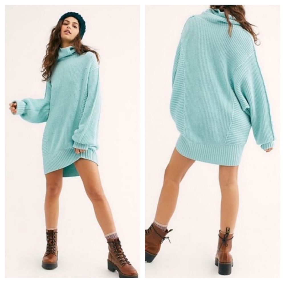 Free People Cocoa Aqua Turtleneck Cowl Oversized Sweater  | SMALL